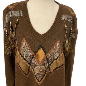 ANGENIE VINTAGE 90'S Beaded Applique Sweater Brown Size L